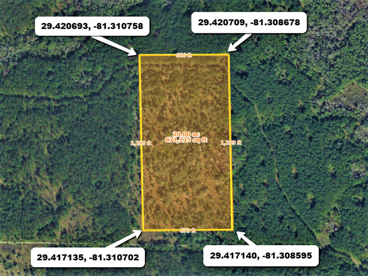 Aerial shot of Bunnell, FL 23110, with GPS coordinates.